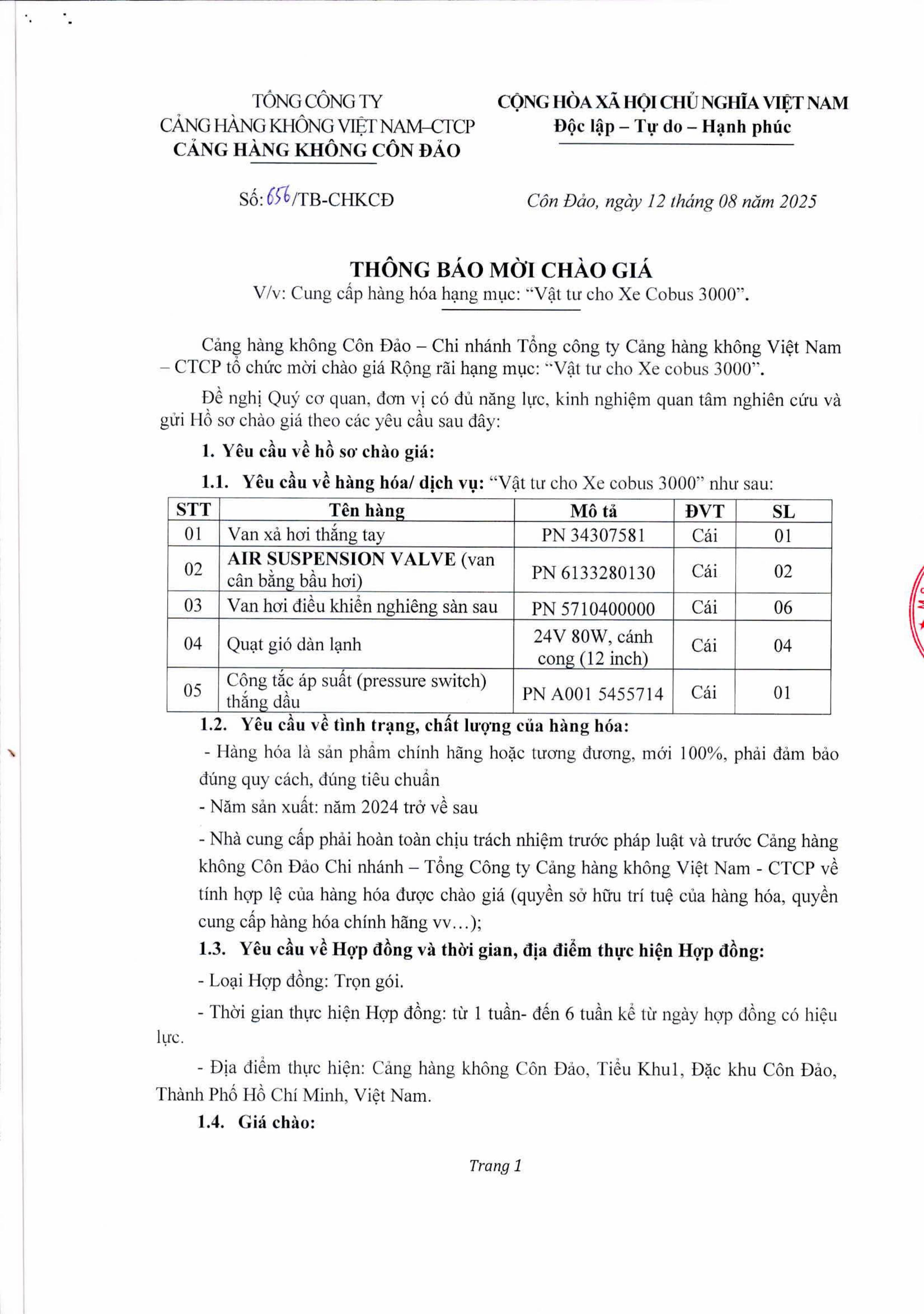 Thông báo mời chào giá V/v Cung cấp hàng hóa hạng mục: "Vật tư cho Xe Cobus 3000"|LOCAL_PATH:crawled_data/images/featured_917380633db5.jpg