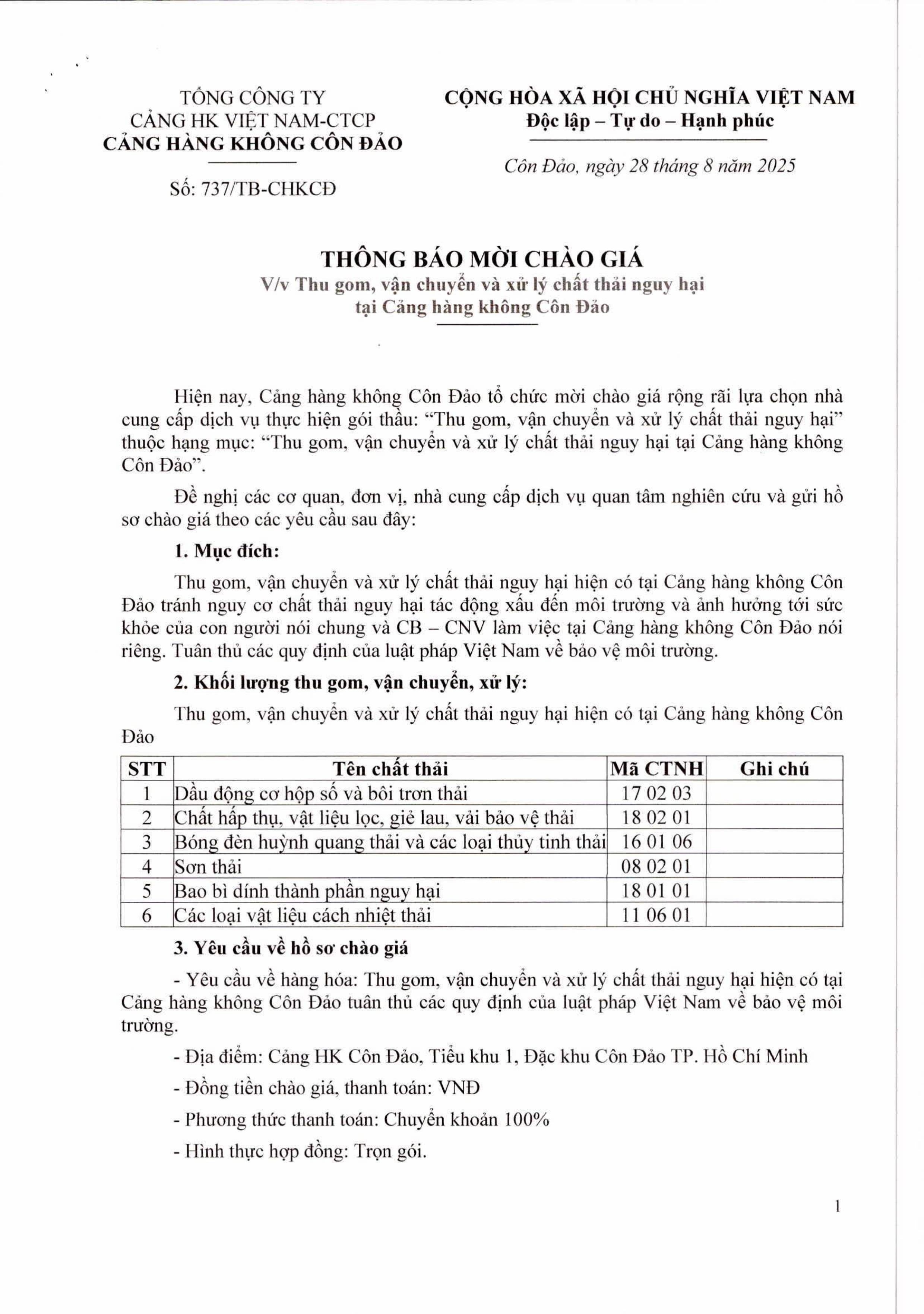 THÔNG BÁO  Số: 737/TB-CHKCD MỜI CHÀO GIÁ  V/v Thu gom, vận chuyển và xử lý chất thải nguy hại tại Cảng hàng không Côn Đảo|LOCAL_PATH:crawled_data/images/featured_936dd3bb5f9e.jpg