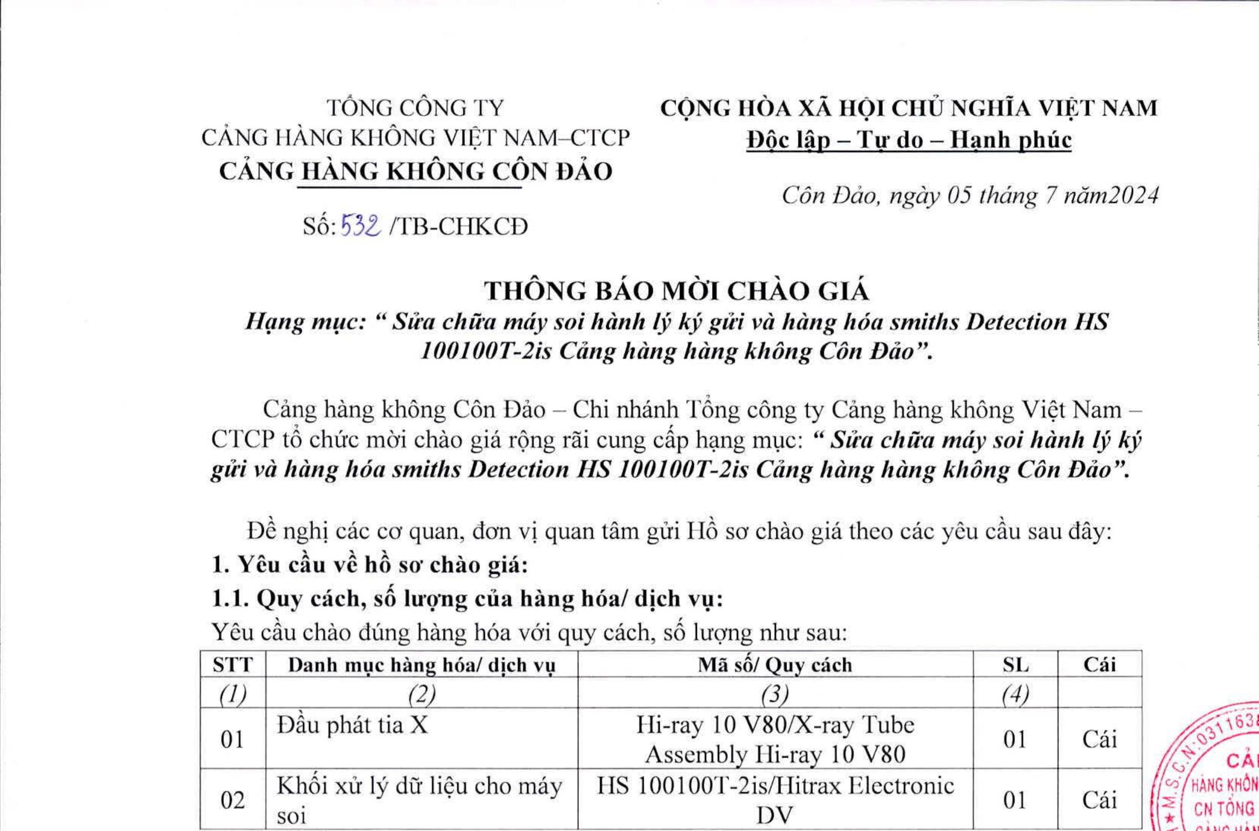 Thông báo mời chào giá Hạng muc: "Sửa chữa máy soi hành lý ký gửi và hàng hóa Smiths Detection HS 100100T-2is Cảng hàng không Côn Đảo"|LOCAL_PATH:crawled_data/images/featured_9620a6e61e72.jpg