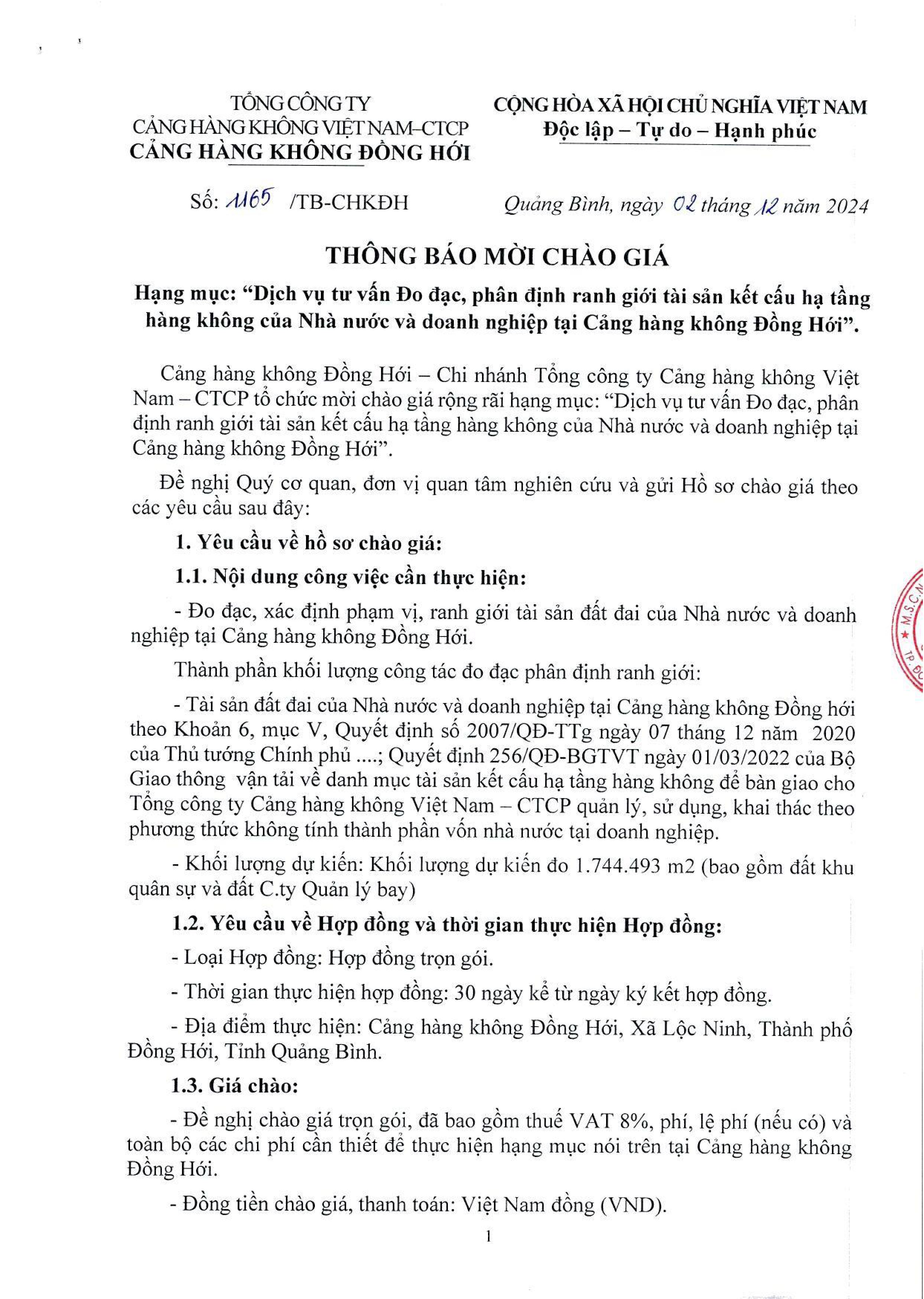 Thông báo mời chào giá. Hạng mục: "Dịch vụ tư vấn Đo đạc, phân định ranh giới tài sản kết cấu hạ tầng hàng không của Nhà nước và doanh nghiệp tại Cảng hàng không Đồng Hới".|LOCAL_PATH:crawled_data/images/featured_9a88ebe1dc56.jpg