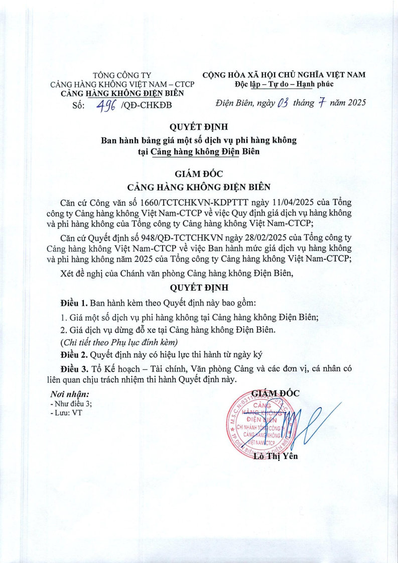 Quyết định số 496/QĐ-CHKĐB Quyết định ban hành bảng giá một số dịch vụ phi hàng không tại Cảng hàng không Điện Biên|LOCAL_PATH:crawled_data/images/featured_a0e1611e862f.jpg
