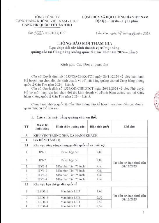 THÔNG BÁO MỜI THAM GIA " Lựa chọn đối tác kinh doanh vị trí/ mặt bằng quảng cáo tại Cảng hàng không Quốc Tế Cần Thơ năm 2024 - lần 5"|LOCAL_PATH:crawled_data/images/featured_a4887ef209ad.jpg
