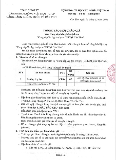 Thông Báo Mời Chào Giá " Cung Cấp Xe đạp trợ lực - Cảng Hàng Không Quốc Tế Cần Thơ "|LOCAL_PATH:crawled_data/images/featured_a602e44871fb.jpg