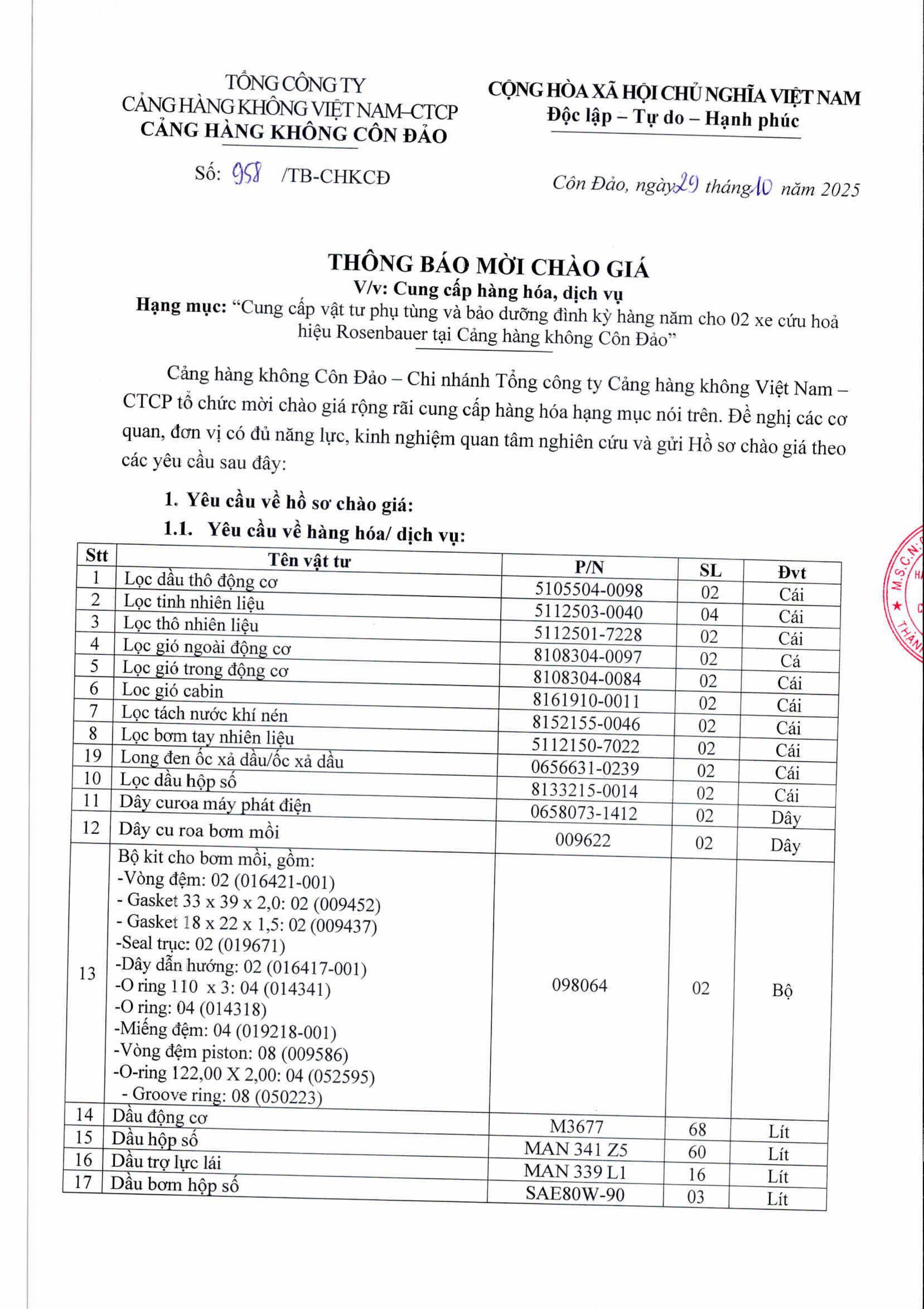 THÔNG BÁO MỜI CHÀO GIÁ V/v: Cung cấp hàng hóa, dịch vụ Hạng mục: "Cung cấp vật tư phụ tùng và bảo dưỡng định kỳ hàng năm cho 02 xe cứu hỏa hiệu Rosenbauer tại Cảng hàng không Côn Đảo"|LOCAL_PATH:crawled_data/images/featured_a7ebcdedba5d.jpg