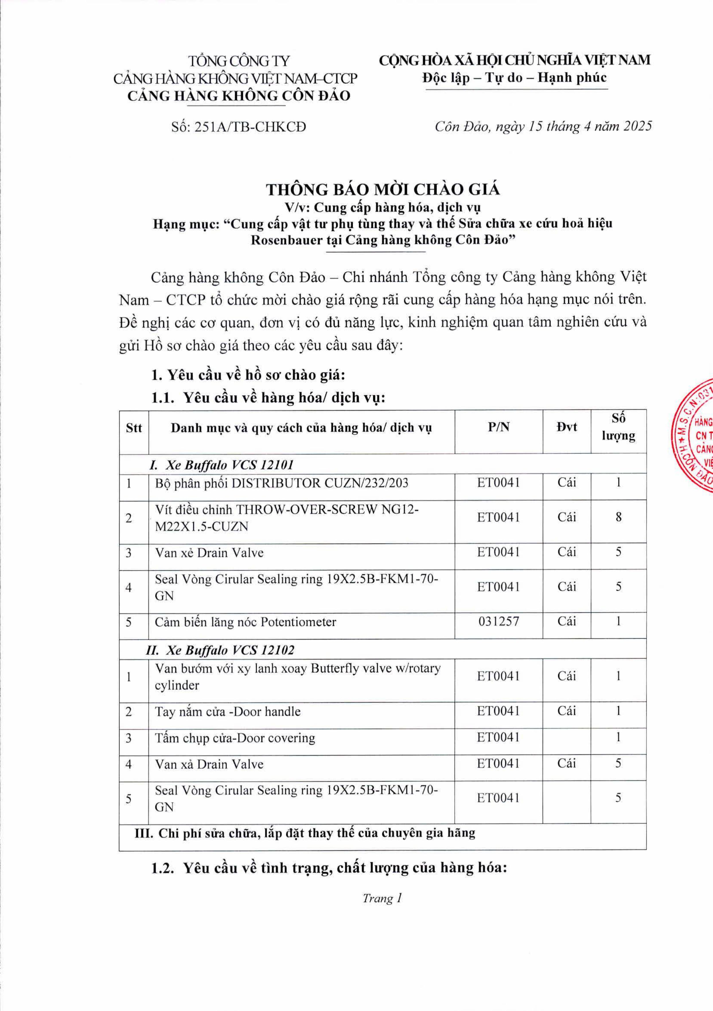 Thông báo mời chào giá V/v: Cung cấp hàng hóa, dịch vụ Hạng mục: "Cung cấp vật tư phụ tùng thay thế và sửa chữa xe cứu hỏa hiệu Rosenbauer tại Cảng hàng không Côn Đảo"|LOCAL_PATH:crawled_data/images/featured_ab709d49eb9c.jpg