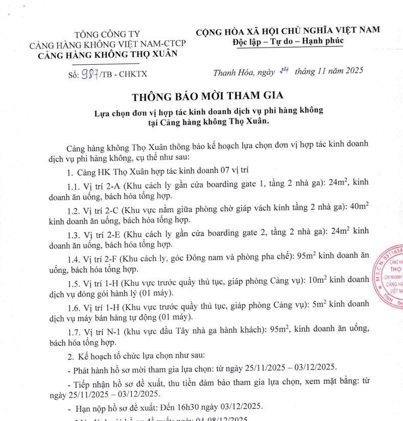 THÔNG BÁO MỜI THAM GIA : Lựa chọn đơn vị hợp tác kinh doanh dịch vụ phi hàng không tại Cảng hàng không Thọ Xuân.