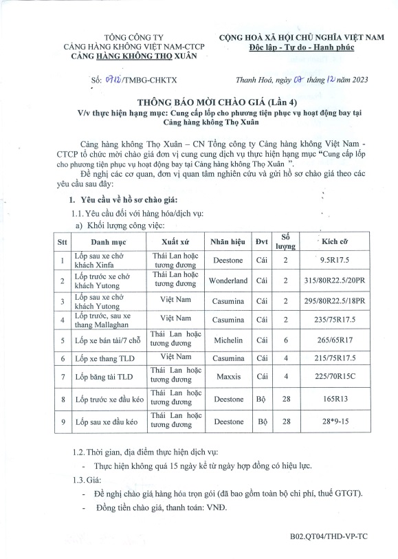 THÔNG BÁO MỜI CHÀO GIÁ (Lần 4)  V/v thực hiện hạng mục: Cung cấp lốp cho phương tiện phục vụ hoạt động bay tại Cảng hàng không Thọ Xuân|LOCAL_PATH:crawled_data/images/featured_abf44fb1d8c3.jpg