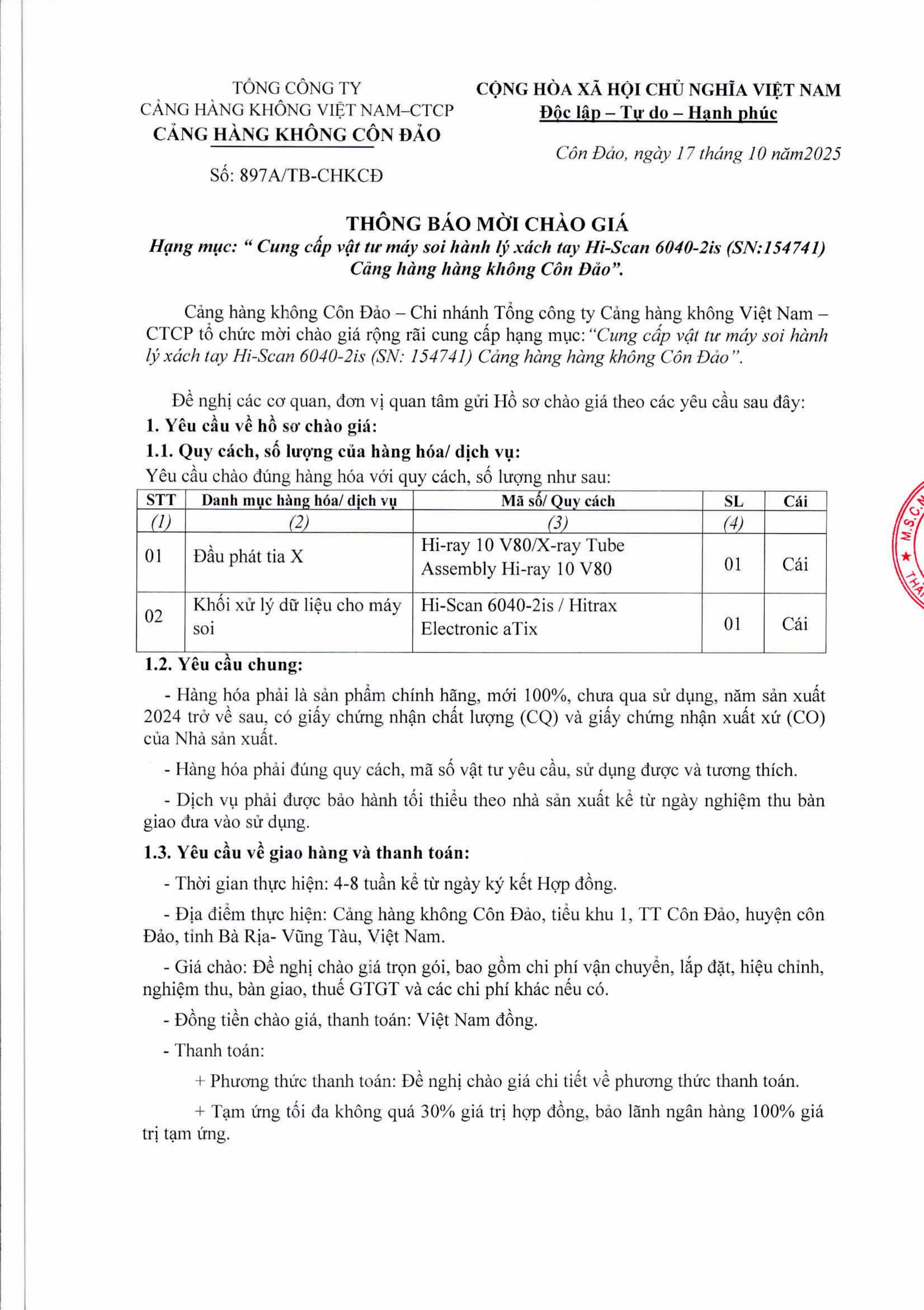 THÔNG BÁO MỜI CHÀO GIÁ Hạng mục: "Cung cấp vật tư máy soi hành lý xách tay Hi-Scan 6040-2is (SN:154741) Cảng hàng không Côn Đảo”.|LOCAL_PATH:crawled_data/images/featured_aea7eac4e73c.jpg