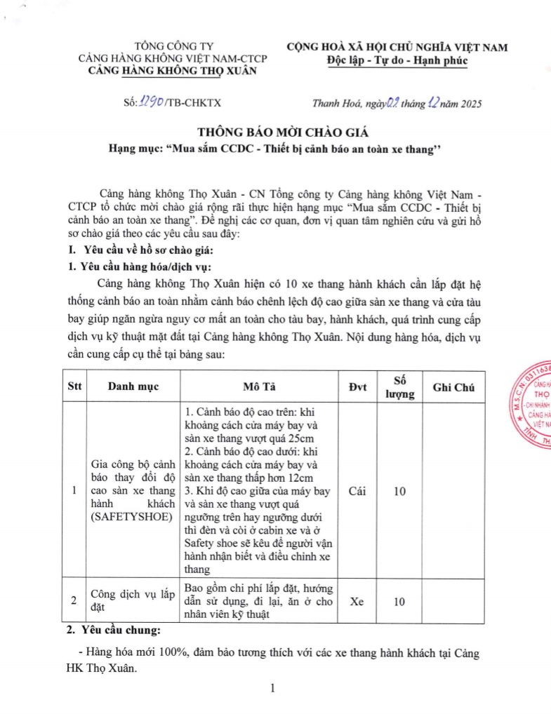 THÔNG BÁO MỜI CHÀO GIÁ Hạng mục: " Mua sắm CCDC - Thiết bị cảnh báo an toàn xe thang "