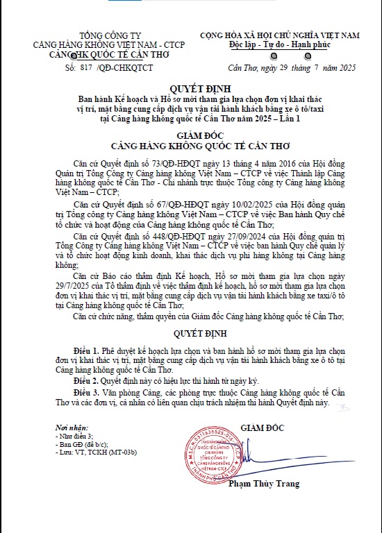 Ban hành Kế hoạch và Hồ sơ mời tham gia lựa chọn đơn vị khai thác vị trí, mặt bằng cung cấp dịch vụ vận tải hành khách bằng xe ô tô/taxi  tại Cảng hàng không quốc tế Cần Thơ năm 2025- lần 1|LOCAL_PATH:crawled_data/images/featured_b6350d43d760.jpg