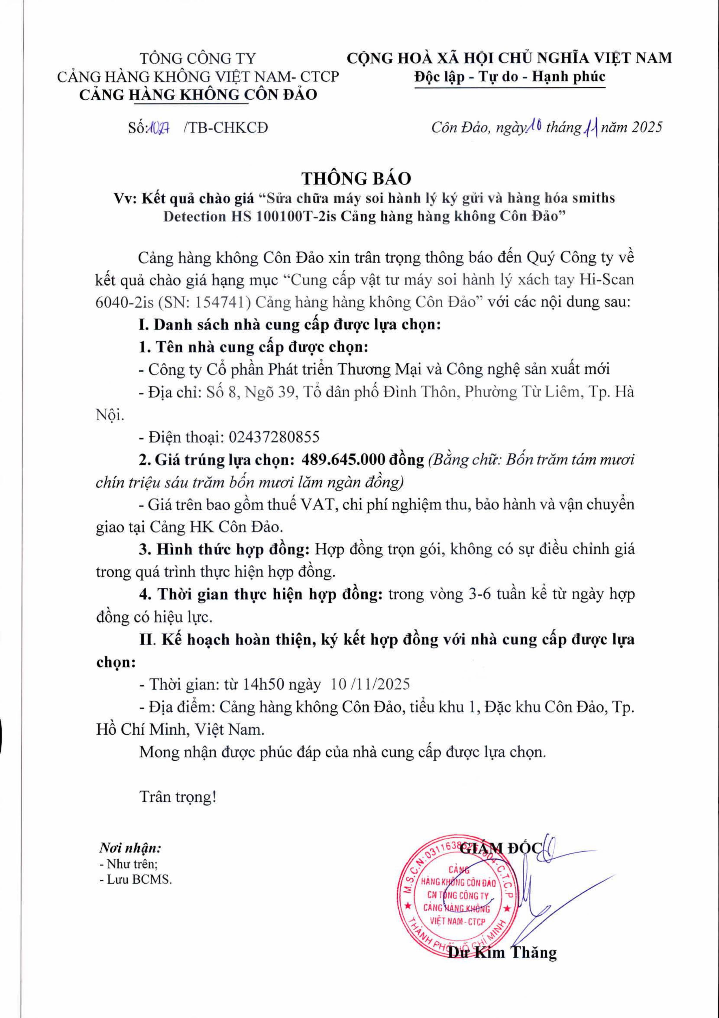 THÔNG BÁO V/v: Kết quả chào giá “Sửa chữa máy soi hành lý ký gửi và hàng hóa smiths Detection HS 100100T-2is Cảng hàng không Côn Đảo”|LOCAL_PATH:crawled_data/images/featured_c2c5570a5e02.jpg