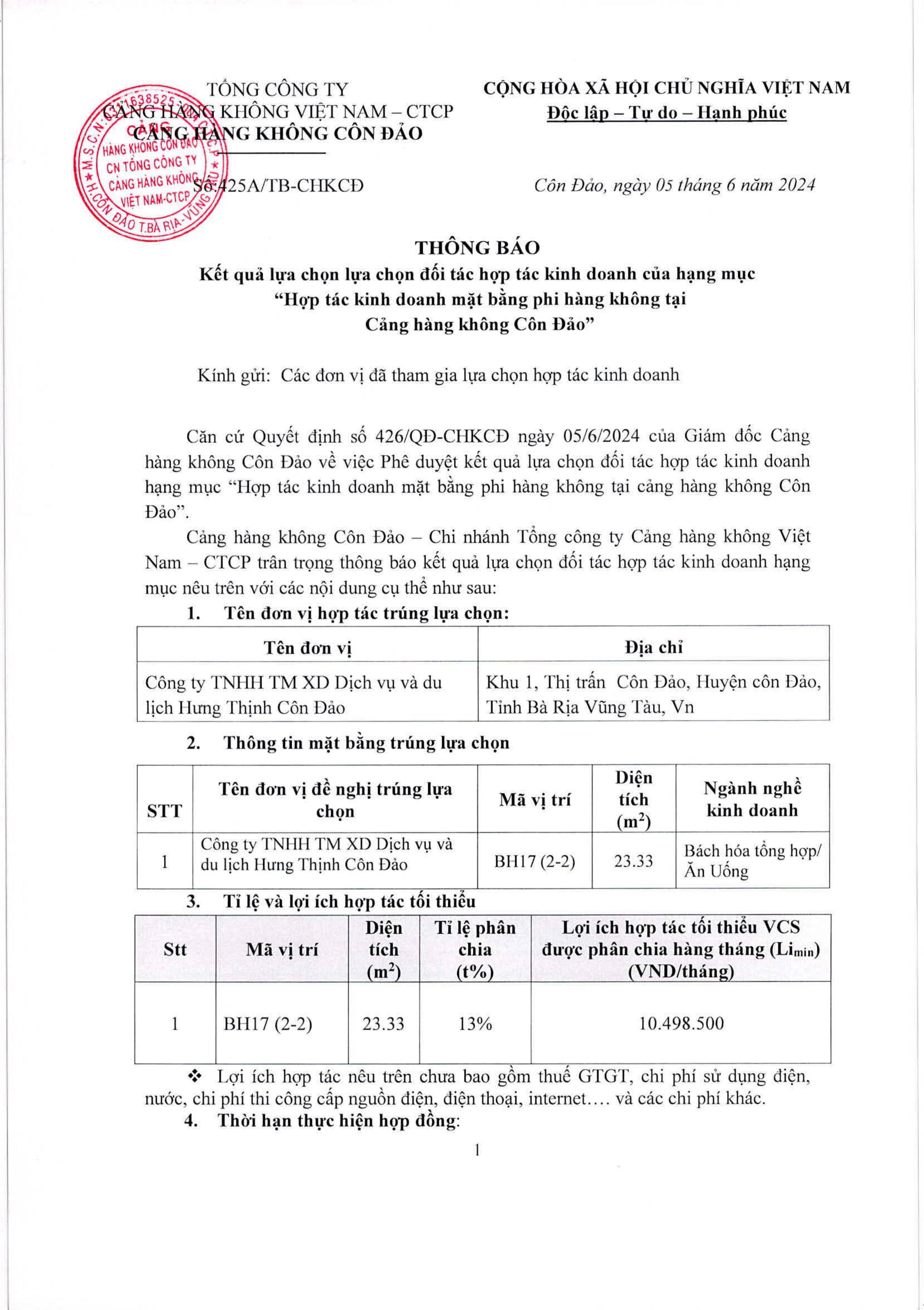 Thông báo Kết quả lựa chọn đối tác kinh doanh của hạng mục "Hợp tác kinh doanh mặt bằng phi hàng không tại Cảng hàng không Côn Đảo"|LOCAL_PATH:crawled_data/images/featured_c33776055770.jpg