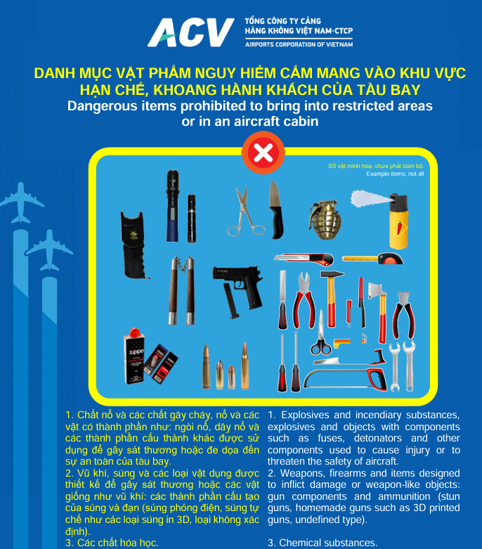 DANH MỤC CÁC VẬT PHẨM NGUY HIỂM CẤM MANG LÊN TÀU BAY 2025