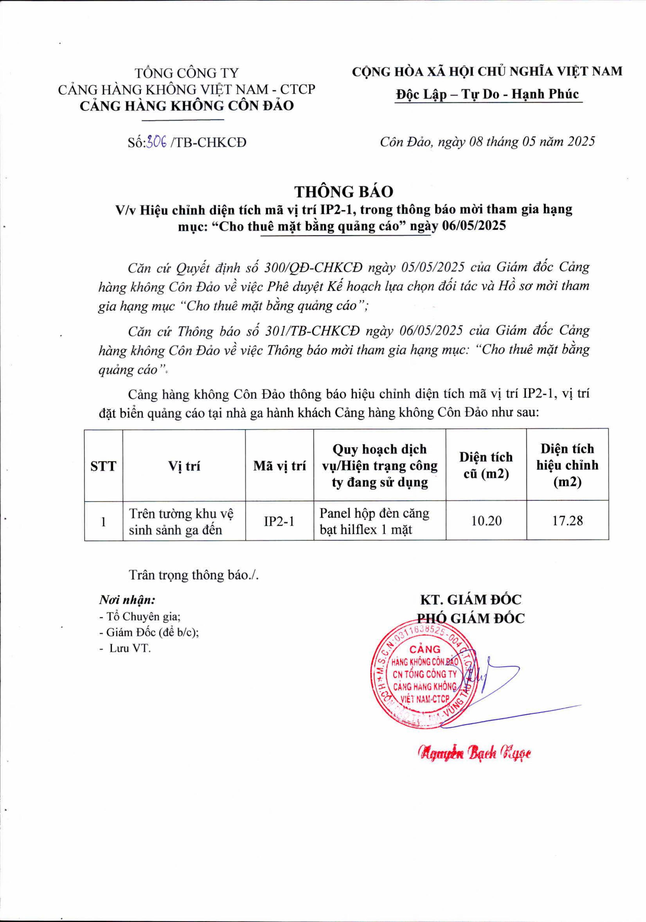 Thông báo: V/v Hiệu chỉnh diện tích mã vị trí IP2-1, trong thông báo mời tham gia hạng mục: "Cho thuê mặt bằng quảng cáo" ngày 06/05/2025|LOCAL_PATH:crawled_data/images/featured_ca8f521891c6.jpg