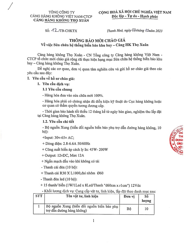 THÔNG BÁO MỜI CHÀO GIÁ : Về việc Sửa chữa hệ thống biển báo khu bay - Cảng hàng không Thọ Xuân|LOCAL_PATH:crawled_data/images/featured_caff41fc4945.jpg