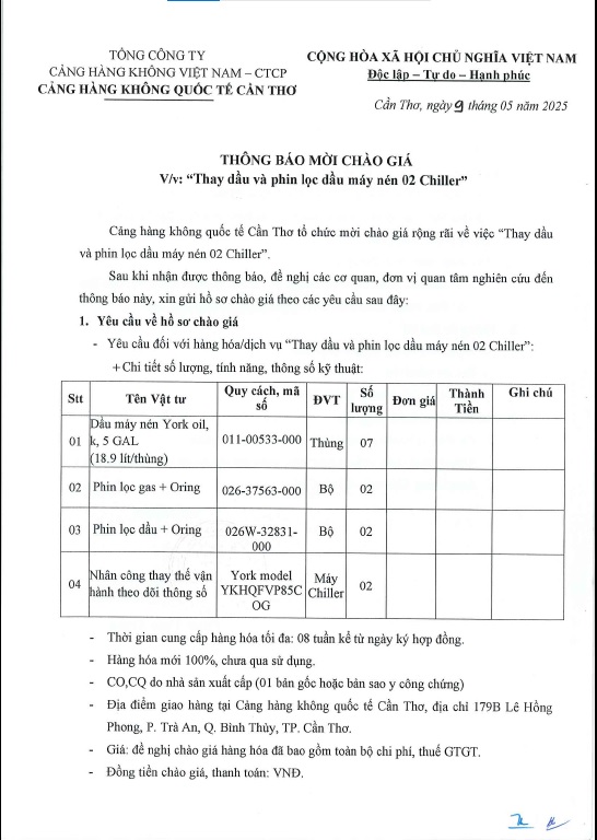 THÔNG BÁO MỜI CHÀO GIÁ  " Thay dầu và phin lọc dầu máy nén 02 Chiller "|LOCAL_PATH:crawled_data/images/featured_d36ed0daf4de.jpg