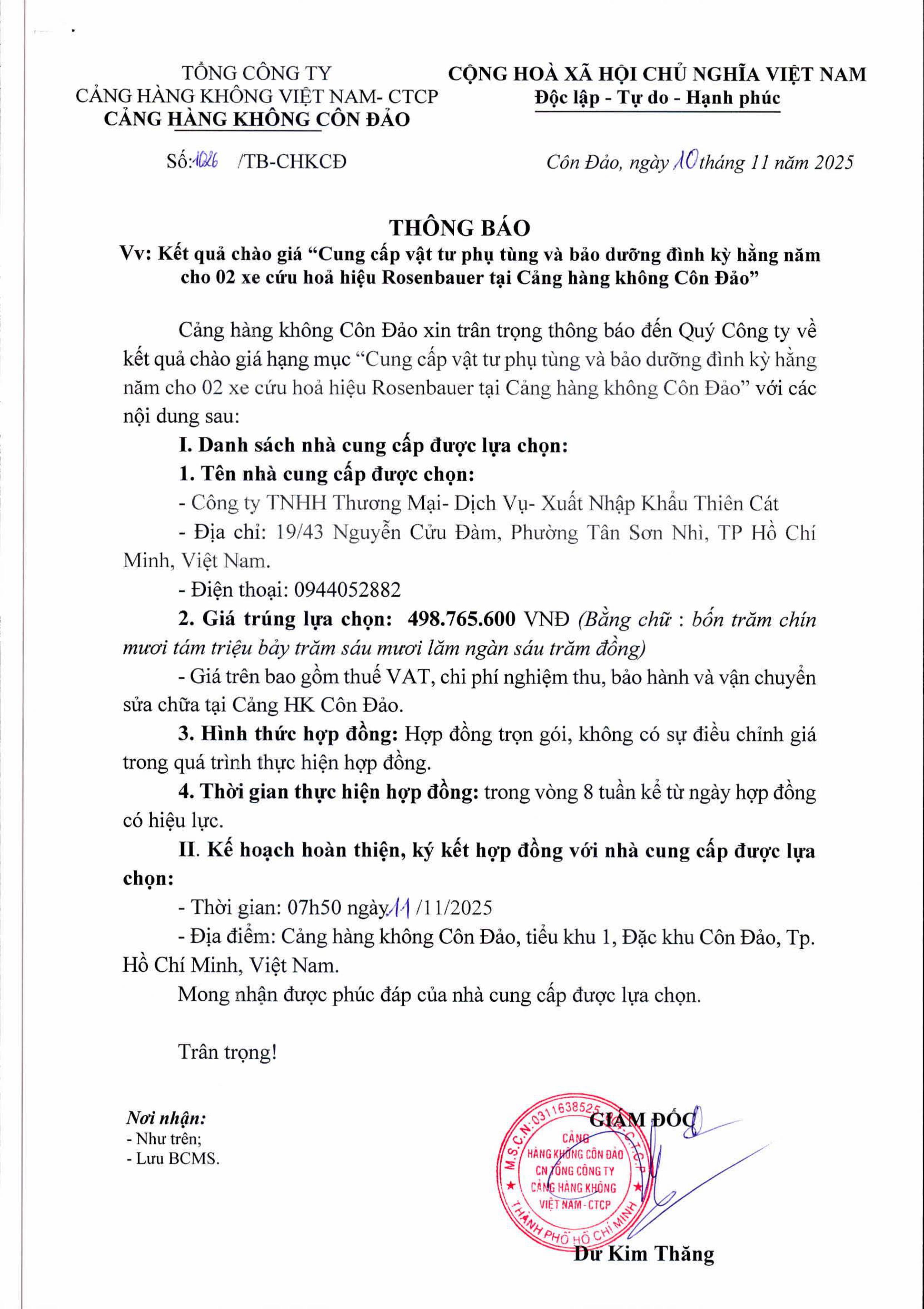 THÔNG BÁO V/v: Kết quả chào giá “Cung cấp vật tư phụ tùng và bảo dưỡng định kỳ hàng năm cho 02 xe cứu hỏa hiệu Rosenbauer tại Cảng hàng không Côn Đảo”|LOCAL_PATH:crawled_data/images/featured_dd048712fc87.jpg
