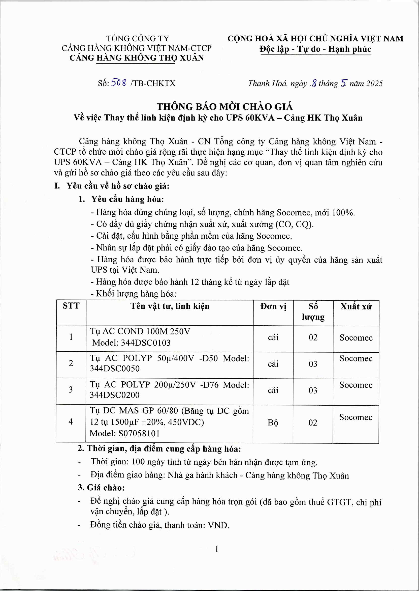 THÔNG BÁO MỜI CHÀO GIÁ : V/V Thay thế linh kiện định kỳ cho UPS 60KVA - Cảng HK Thọ Xuân.|LOCAL_PATH:crawled_data/images/featured_e308df8e9ed6.jpg