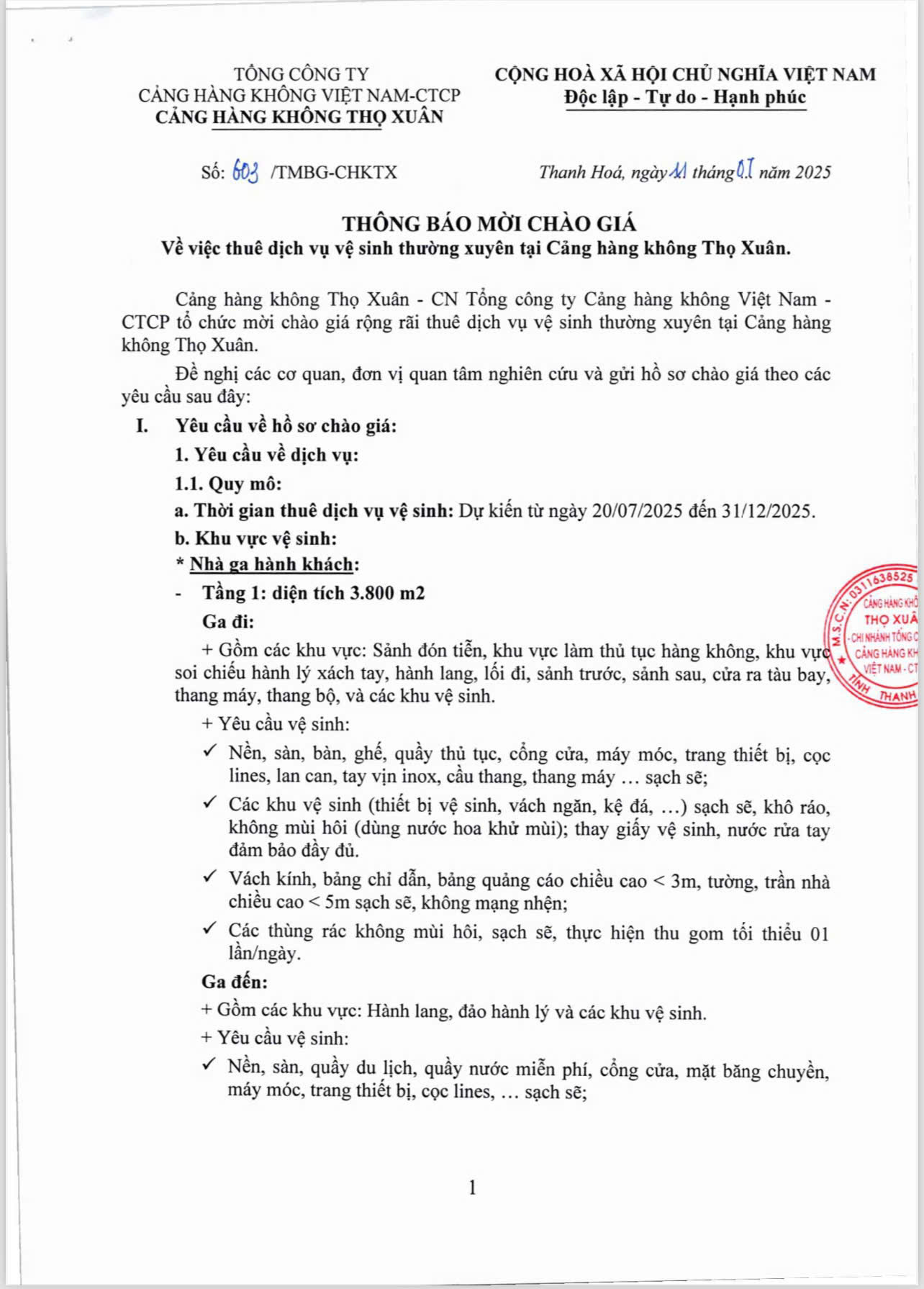 THÔNG BÁO MỜI CHÀO GIÁ : V/v "Thuê dịch vụ vệ sinh thường xuyên tại Cảng hàng không Thọ Xuân"|LOCAL_PATH:crawled_data/images/featured_e31f380f139e.jpg