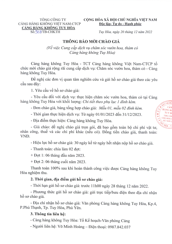Thông báo mời chào giá cung cấp dịch vụ chăm sóc vườn hoa, thảm cỏ Cảng hàng không Tuy Hòa|LOCAL_PATH:crawled_data/images/featured_e40b5e4af4a9.png