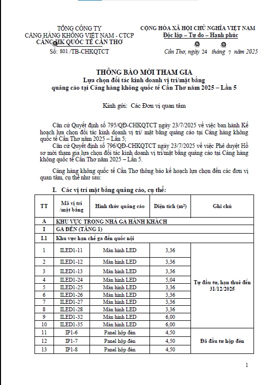 THÔNG BÁO MỜI THAM GIA " Lựa chọn đối tác kinh doanh vị trí/ mặt bằng quảng cáo tại Cảng hàng không Quốc Tế Cần Thơ năm 2025 - lần 5"|LOCAL_PATH:crawled_data/images/featured_e657354162c7.jpg
