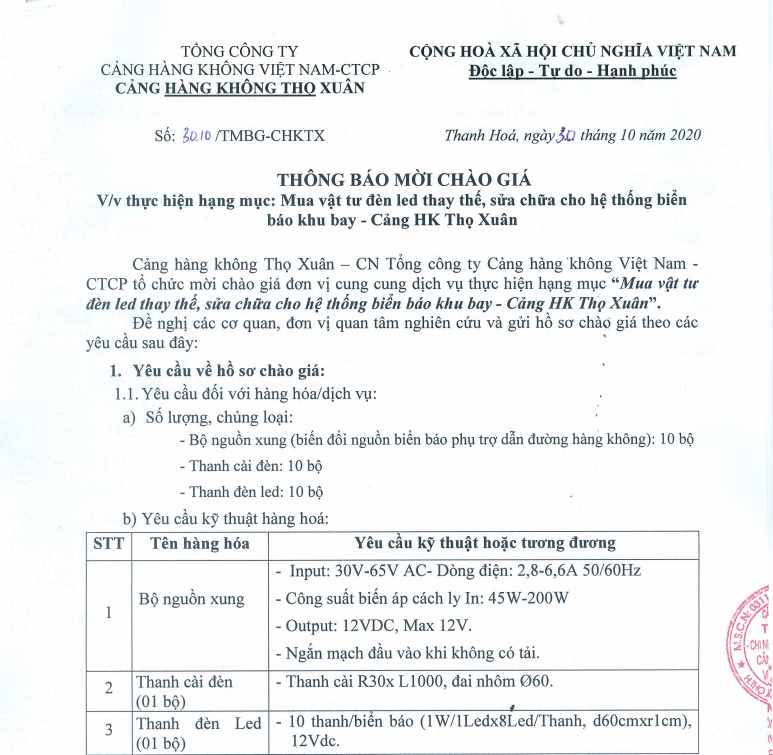 THÔNG BÁO MỜI CHÀO GIÁ.V/v thực hiện hạng mục: Mua vật tư đèn led thay thế, sữa chữa cho hệ thống biển báo khu bay - Cảng HK Thọ Xuân|LOCAL_PATH:crawled_data/images/featured_e8e920dc4cde.jpg
