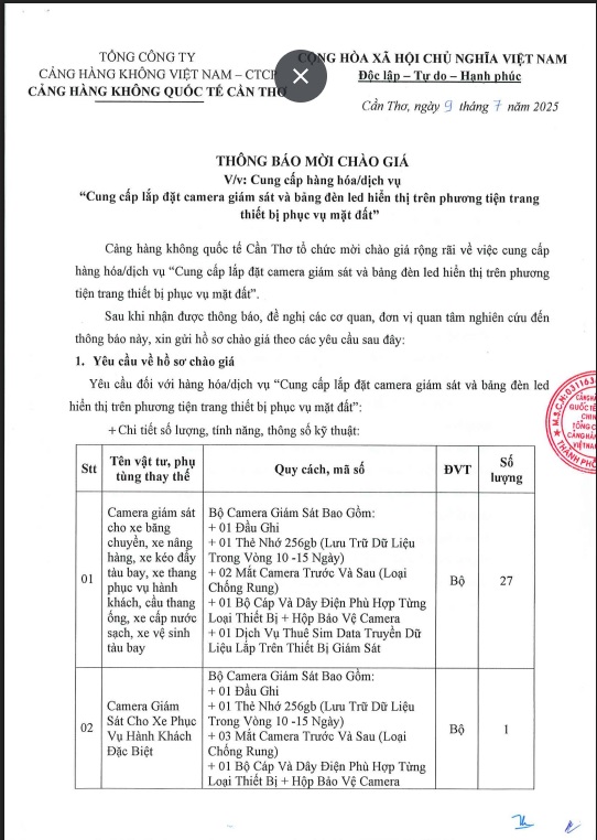 THÔNG BÁO MỜI CHÀO GIÁ  " Cung cấp hàng hóa/dịch vụ Cung cấp lắp đặt camera giám sát và bảng đèn led hiển thị trên phương tiện trang thiết bị phục vụ mặt đất - Cảng hàng không quốc tế Cần Thơ "|LOCAL_PATH:crawled_data/images/featured_eb81df710bac.jpg