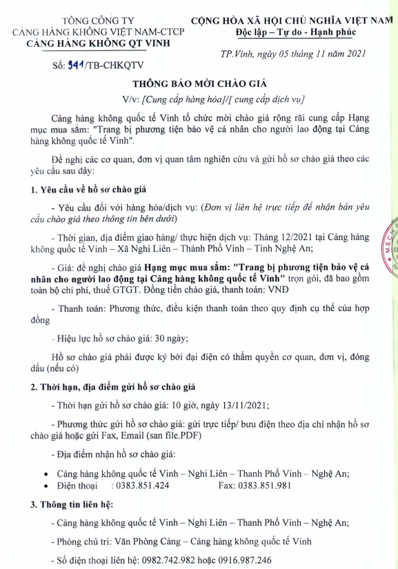 Thông báo mời chào giá "Trang bị phương tiện bảo vệ cá nhân cho người lao động tại Cảng hàng không quốc tế Vinh"|LOCAL_PATH:crawled_data/images/featured_ec90393870ce.png