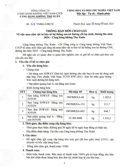 THÔNG BÁO MỜI CHÀO GIÁ .Về việc mua sắm vật tư bảo trì hệ thống sơn kẻ đường cất hạ cánh, đường lăn năm 2024 - Cảng hàng không Thọ Xuân|LOCAL_PATH:crawled_data/images/featured_ece7de920b01.jpg