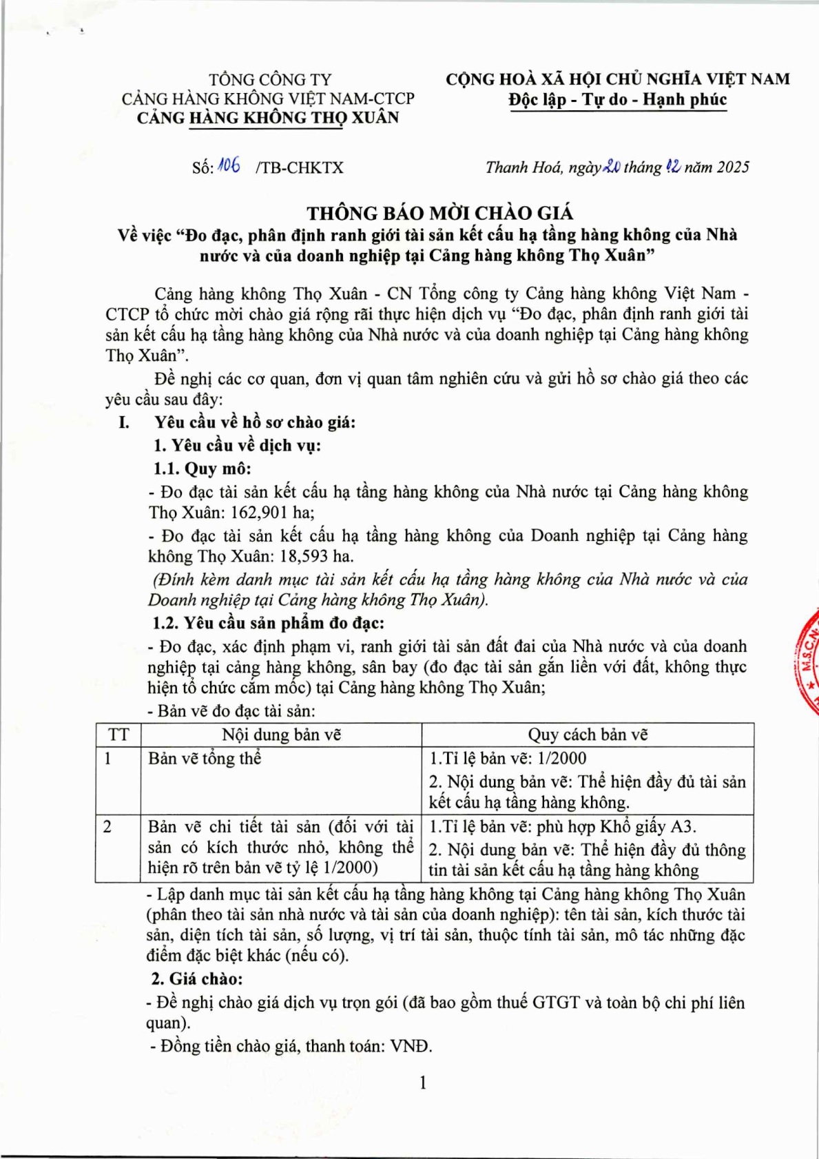 THÔNG BÁO MỜI CHÀO GIÁ : V/v " Đo đạc, phân định ranh giới tài sản kết cấu hạ tầng hàng không của Nhà nước và của doanh nghiệp tại Cảng hàng không Thọ Xuân "|LOCAL_PATH:crawled_data/images/featured_eea542149274.jpg