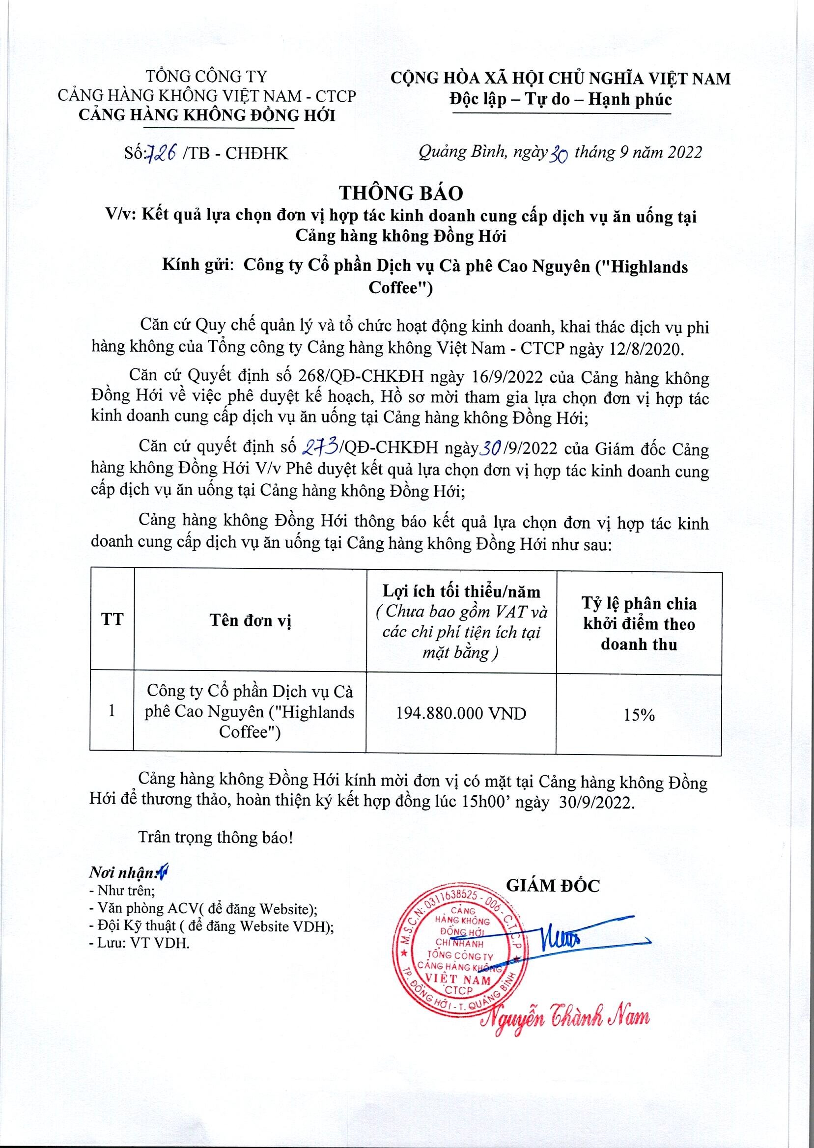 Thông báo V/v: Kết quả lựa chọn đơn vị hợp tác kinh doanh cung cấp dịch vụ ăn uống tại Cảng hàng không Đồng Hới.|LOCAL_PATH:crawled_data/images/featured_f0285e983539.jpg