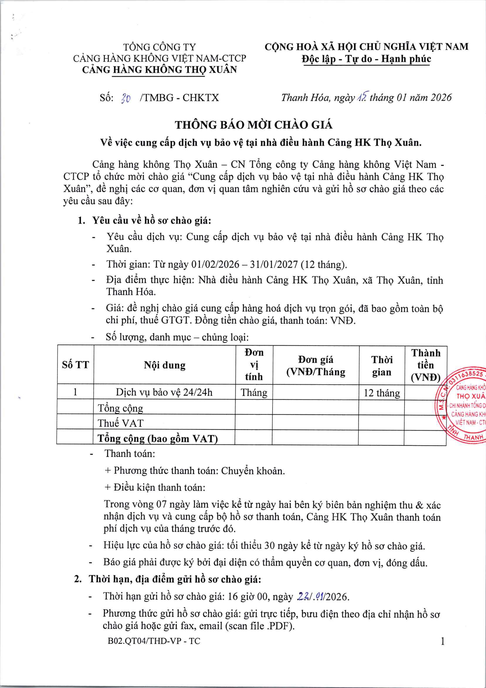 THÔNG BÁO MỜI CHÀO GIÁ: Về việc cung cấp dịch vụ bảo vệ tại nhà điều hành Cảng HK Thọ Xuân.