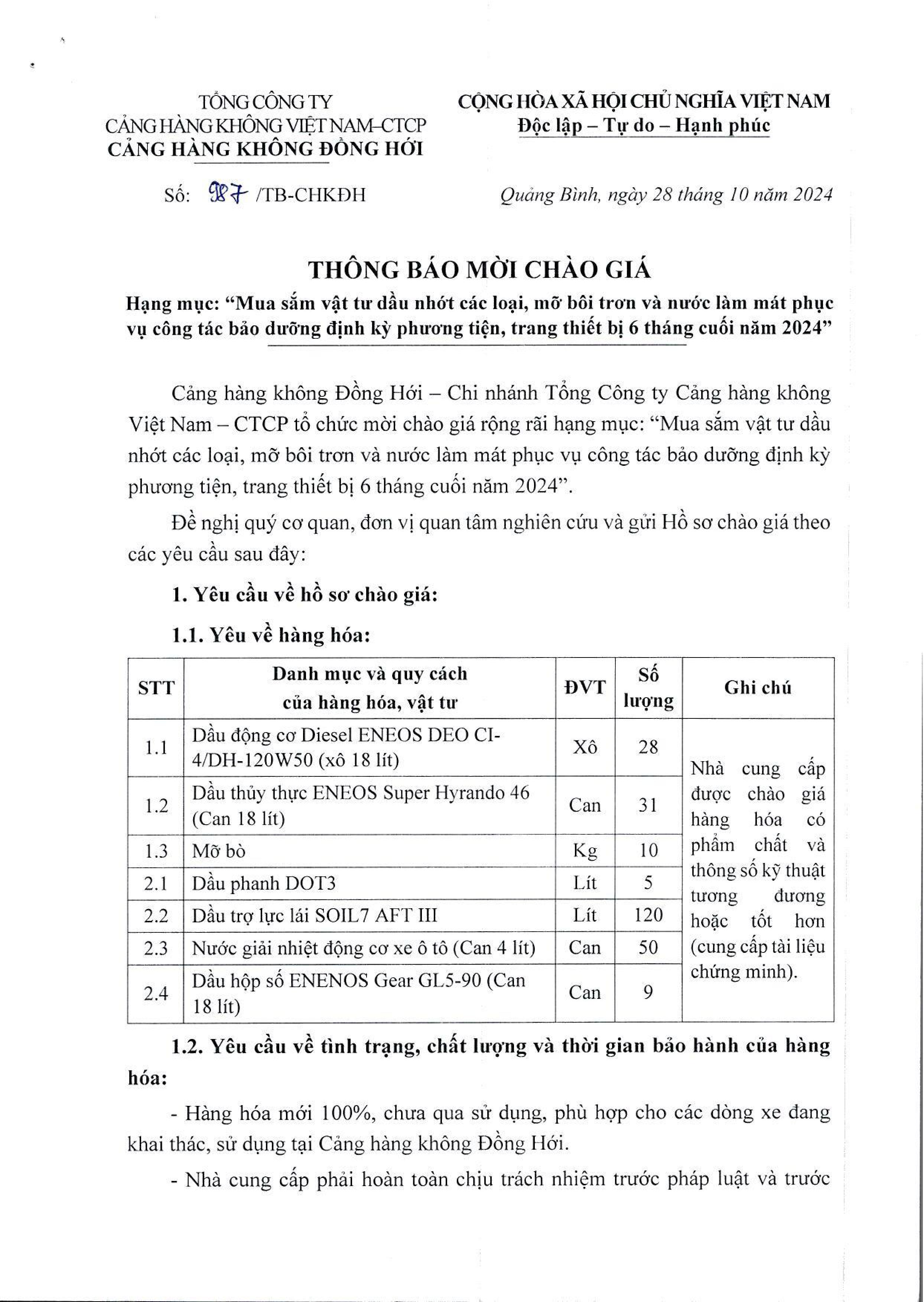 THÔNG BÁO MỜI CHÀO GIÁ    Hạng mục: " Mua sắm vật tư dầu nhớt các loại, mỡ bôi trơn và nước làm mát phục vụ công tác bảo dưỡng định kỳ phương tiện, trang thiết bị 6 tháng cuối năm 2024"|LOCAL_PATH:crawled_data/images/featured_f5f9708be9a0.jpg