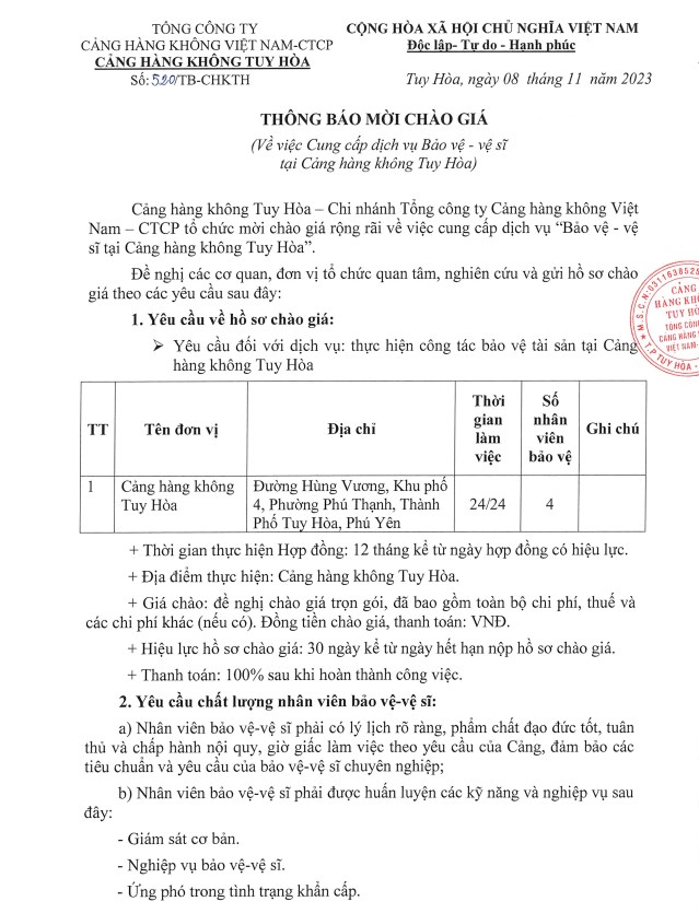 THÔNG BÁO MỜI CHÀO GIÁ (V/v Cung cấp dịch vụ Bảo vệ - vệ sĩ tại Cảng hàng không Tuy Hòa)|LOCAL_PATH:crawled_data/images/featured_f9cd661b9e07.jpg