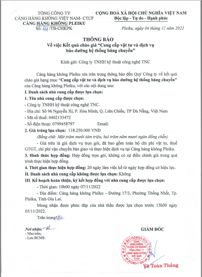 Thông báo về việc Kết quả mời chào giá "Cung cấp vật tư và dịch vụ bảo dưỡng hệ thống băng chuyền"|LOCAL_PATH:crawled_data/images/featured_fa11db33f550.png