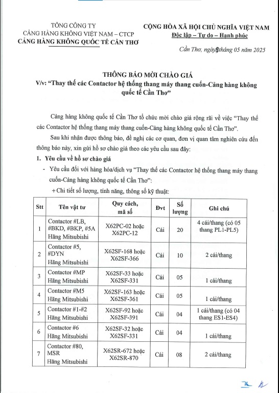 THÔNG BÁO MỜI THAM GIA " Thay thế các Contactor hệ thống thang máy thang cuốn - Cảng hàng không quốc tế Cần Thơ "|LOCAL_PATH:crawled_data/images/featured_fb66adeec1ad.jpg